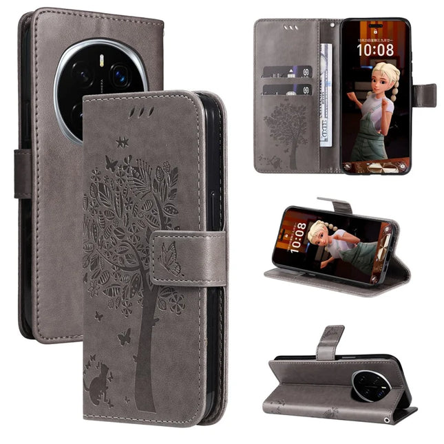 For Honor Magic7 Pro 5G Cat Tree Pattern Flip Leather Phone Cover Stand - Grey