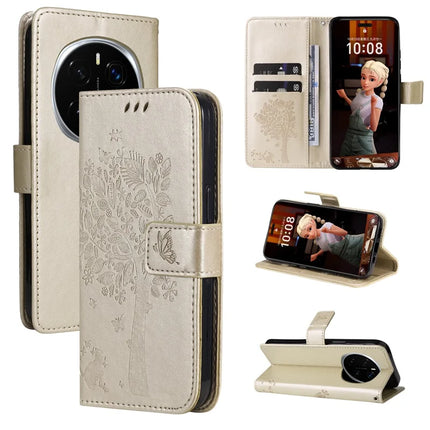 For Honor Magic7 Pro 5G Cat Tree Pattern Flip Leather Phone Cover Stand - Gold