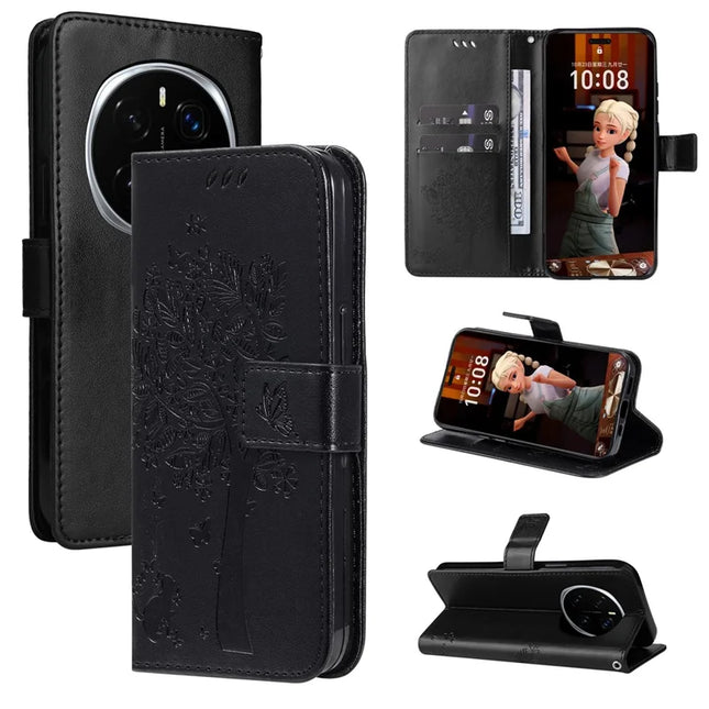 For Honor Magic7 Pro 5G Cat Tree Pattern Flip Leather Phone Cover Stand -  Black