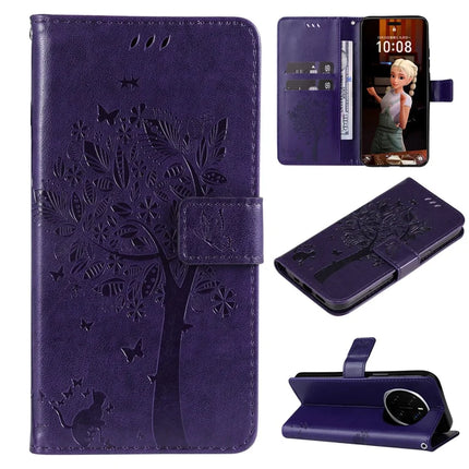 For Honor Magic7 Pro 5G Cat Tree Pattern Flip Leather Phone Cover Stand - Purple