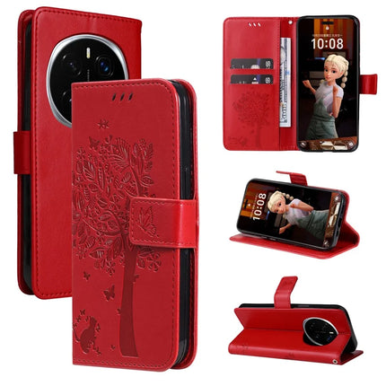 For Honor Magic7 Pro 5G Cat Tree Pattern Flip Leather Phone Cover Stand - Red