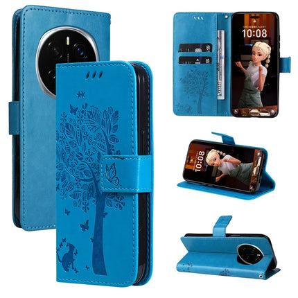 For Honor Magic7 Pro 5G Cat Tree Pattern Flip Leather Phone Cover Stand - Blue