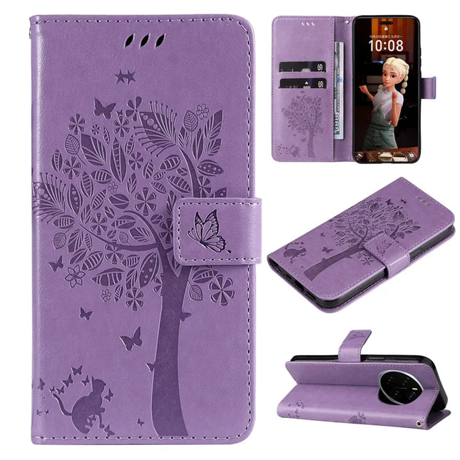 For Honor Magic7 Pro 5G Cat Tree Pattern Flip Leather Phone Cover Stand -  Light Purple