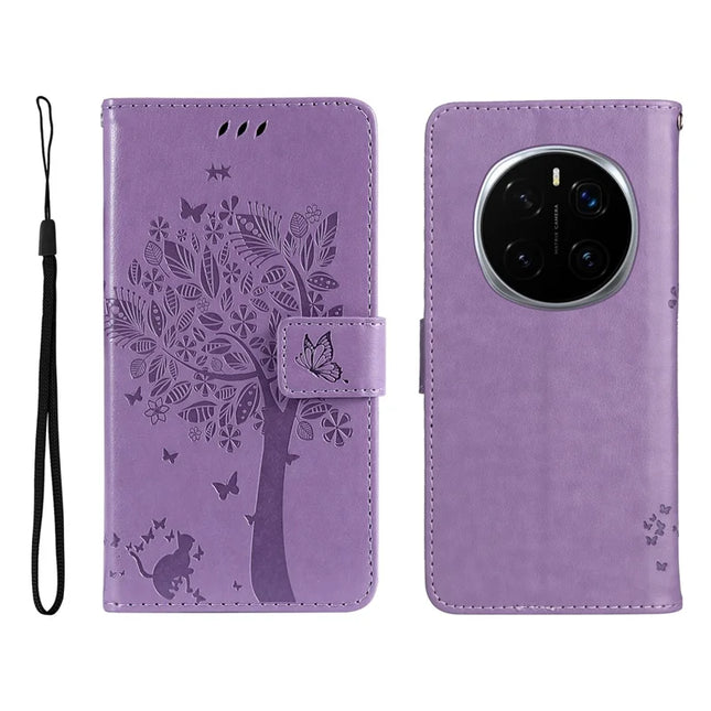 For Honor Magic7 Pro 5G Cat Tree Pattern Flip Leather Phone Cover Stand -  Light Purple