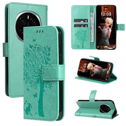 For Honor Magic7 Pro 5G Cat Tree Pattern Flip Leather Phone Cover Stand - Green