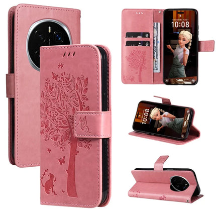 For Honor Magic7 Pro 5G Cat Tree Pattern Flip Leather Phone Cover Stand - Pink