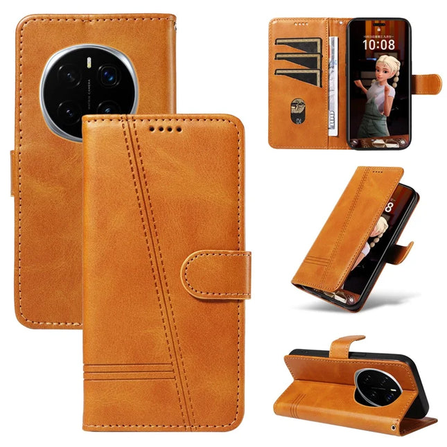 For Honor Magic7 Pro 5G Wallet Case T-Shape Lines Leather Phone Cover Stand - Brown