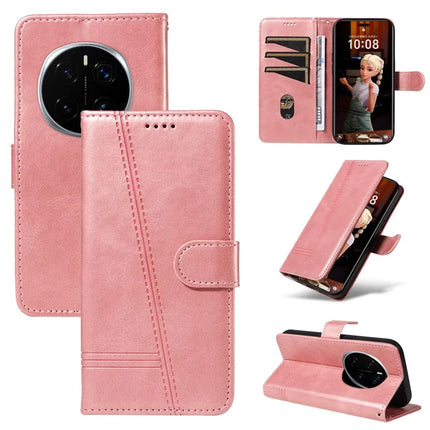 For Honor Magic7 Pro 5G Wallet Case T-Shape Lines Leather Phone Cover Stand - Rose Gold