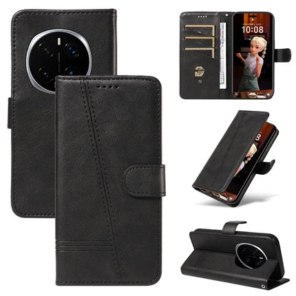 For Honor Magic7 Pro 5G Wallet Case T-Shape Lines Leather Phone Cover Stand -  Black