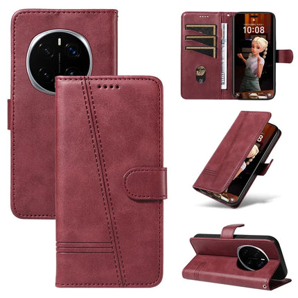 For Honor Magic7 Pro 5G Wallet Case T-Shape Lines Leather Phone Cover Stand - Wine Red