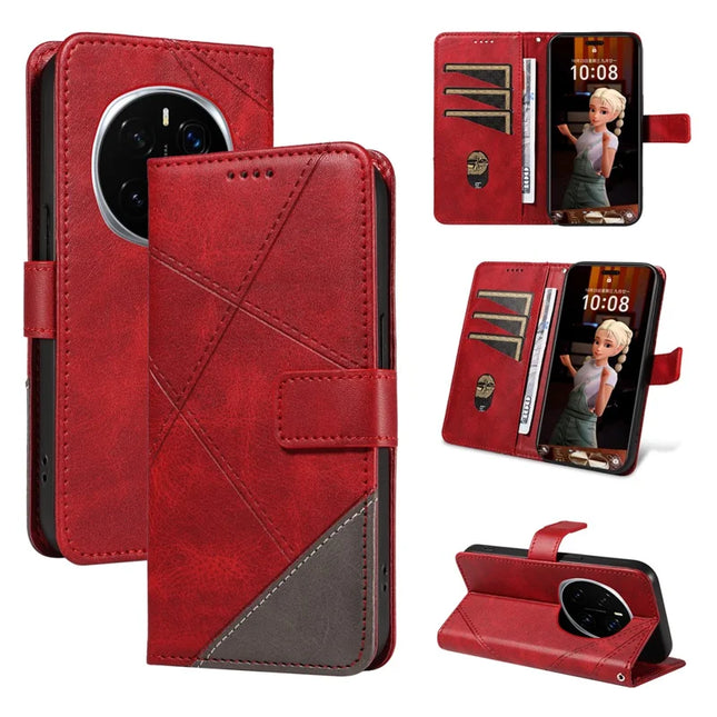 For Honor Magic7 Pro 5G Leather Case Geometric Line Wallet Phone Cover with Wrist Strap - Red