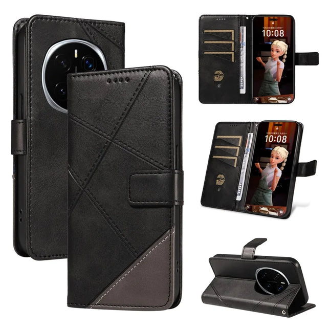 For Honor Magic7 Pro 5G Leather Case Geometric Line Wallet Phone Cover with Wrist Strap - Black