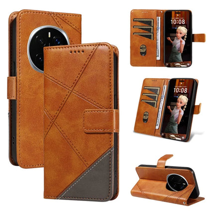 For Honor Magic7 Pro 5G Leather Case Geometric Line Wallet Phone Cover with Wrist Strap - Brown
