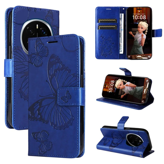For Honor Magic7 Pro 5G Wallet Case Floral Butterfly Imprinted Leather Phone Cover Stand - Blue