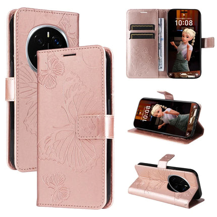 For Honor Magic7 Pro 5G Wallet Case Floral Butterfly Imprinted Leather Phone Cover Stand -  Rose Gold