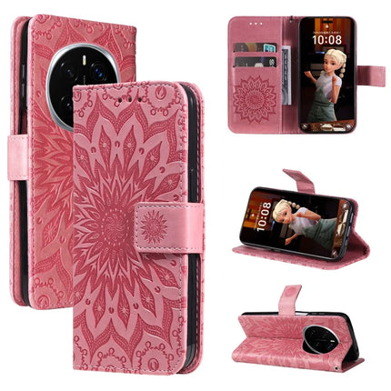 For Honor Magic7 Pro 5G Leather Wallet Case Sunflower Imprinted Phone Cover - Pink