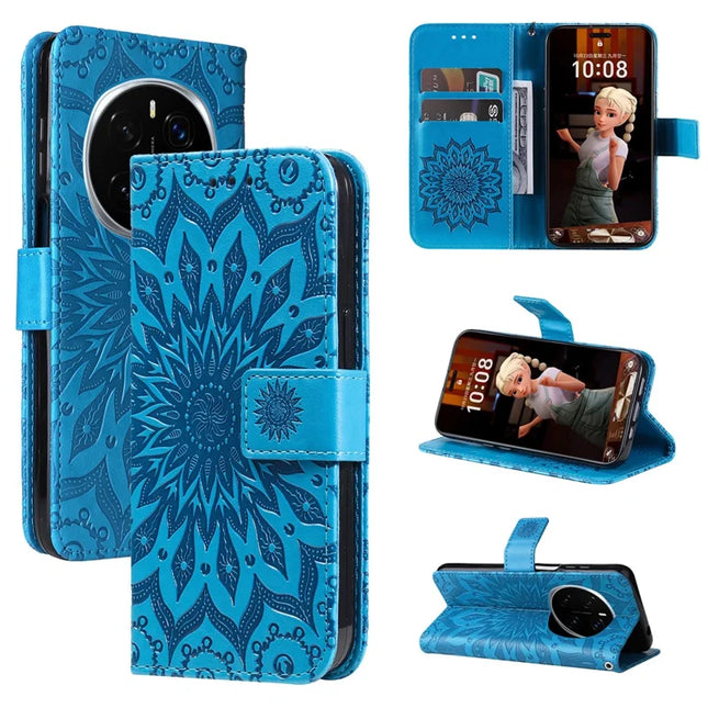 For Honor Magic7 Pro 5G Leather Wallet Case Sunflower Imprinted Phone Cover - Blue
