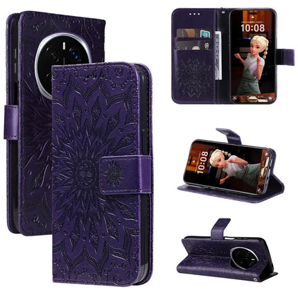 For Honor Magic7 Pro 5G Leather Wallet Case Sunflower Imprinted Phone Cover - Purple