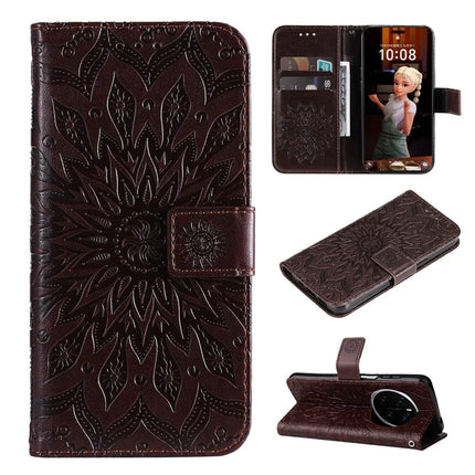 For Honor Magic7 Pro 5G Leather Wallet Case Sunflower Imprinted Phone Cover - Brown