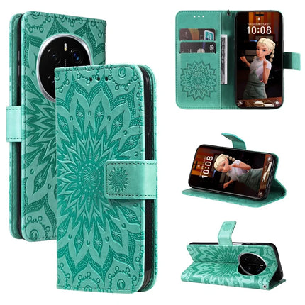 For Honor Magic7 Pro 5G Leather Wallet Case Sunflower Imprinted Phone Cover - Green