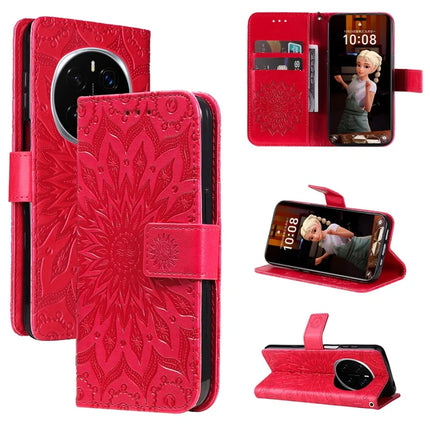 For Honor Magic7 Pro 5G Leather Wallet Case Sunflower Imprinted Phone Cover - Red