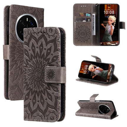 For Honor Magic7 Pro 5G Leather Wallet Case Sunflower Imprinted Phone Cover - Grey