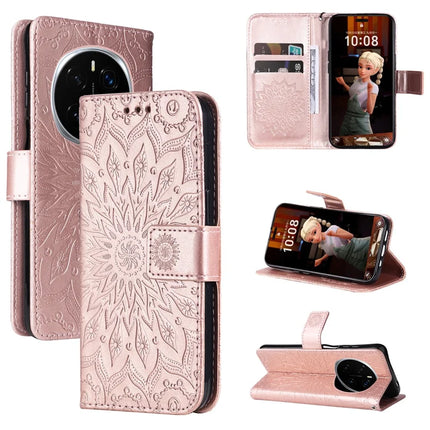 For Honor Magic7 Pro 5G Leather Wallet Case Sunflower Imprinted Phone Cover -  Rose Gold