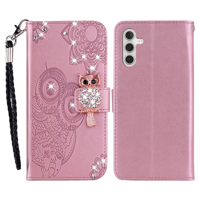 For Samsung Galaxy A36 5G Wallet Case Owl Flower Imprinted Rhinestone Leather Cover - Rose Gold