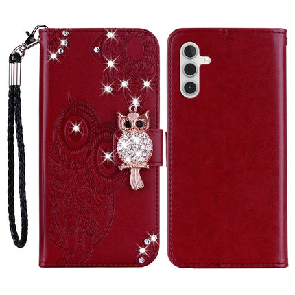 For Samsung Galaxy A36 5G Wallet Case Owl Flower Imprinted Rhinestone Leather Cover - Red