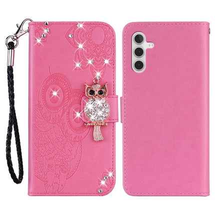 For Samsung Galaxy A36 5G Wallet Case Owl Flower Imprinted Rhinestone Leather Cover - Rose