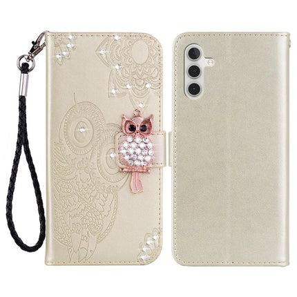 For Samsung Galaxy A36 5G Wallet Case Owl Flower Imprinted Rhinestone Leather Cover - Gold