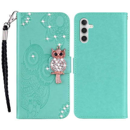 For Samsung Galaxy A36 5G Wallet Case Owl Flower Imprinted Rhinestone Leather Cover - Cyan