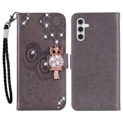 For Samsung Galaxy A36 5G Wallet Case Owl Flower Imprinted Rhinestone Leather Cover - Grey