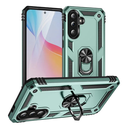 For Samsung Galaxy A36 5G Case PC + TPU Phone Cover with Rotary Ring Kickstand - Blackish Green