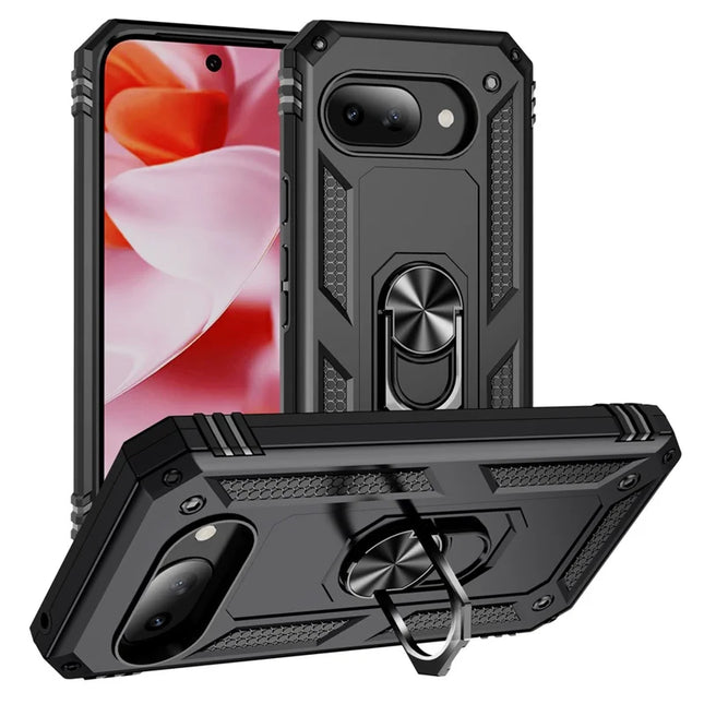 For Google Pixel 9a Case PC + TPU Phone Cover with Rotary Ring Kickstand - Black