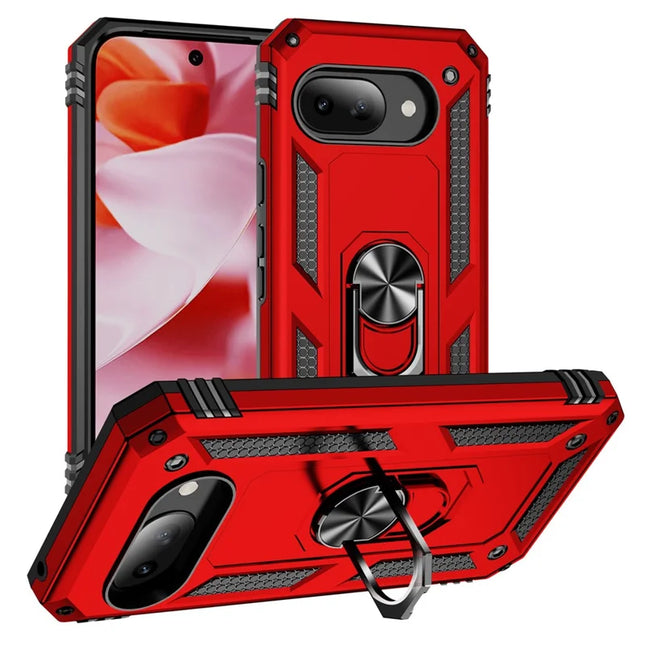 For Google Pixel 9a Case PC + TPU Phone Cover with Rotary Ring Kickstand - Red
