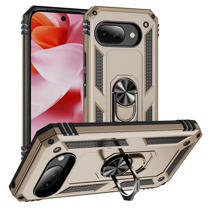 For Google Pixel 9a Case PC + TPU Phone Cover with Rotary Ring Kickstand - Gold