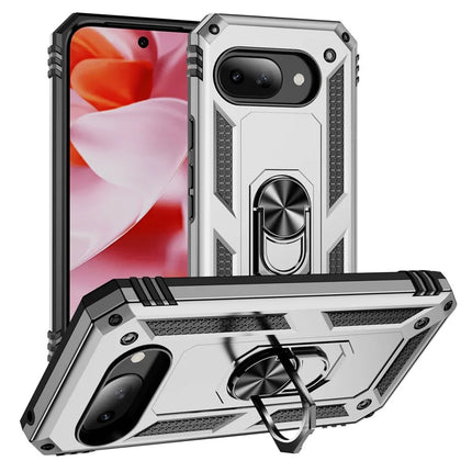 For Google Pixel 9a Case PC + TPU Phone Cover with Rotary Ring Kickstand - Silver