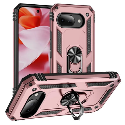 For Google Pixel 9a Case PC + TPU Phone Cover with Rotary Ring Kickstand - Rose Gold