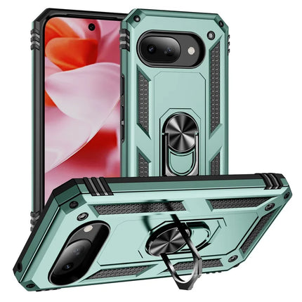 For Google Pixel 9a Case PC + TPU Phone Cover with Rotary Ring Kickstand - Blackish Green