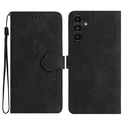 For Samsung Galaxy A36 5G Case Flower Design Leather Wallet Phone Cover with Wrist Strap - Black