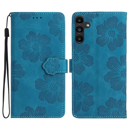 For Samsung Galaxy A36 5G Case Flower Design Leather Wallet Phone Cover with Wrist Strap - Blue