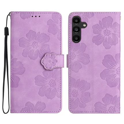 For Samsung Galaxy A36 5G Case Flower Design Leather Wallet Phone Cover with Wrist Strap - Purple
