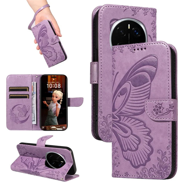 For Honor Magic7 Pro 5G Case Butterfly Pattern PU Leather Folio Flip Phone Cover -  Light Purple