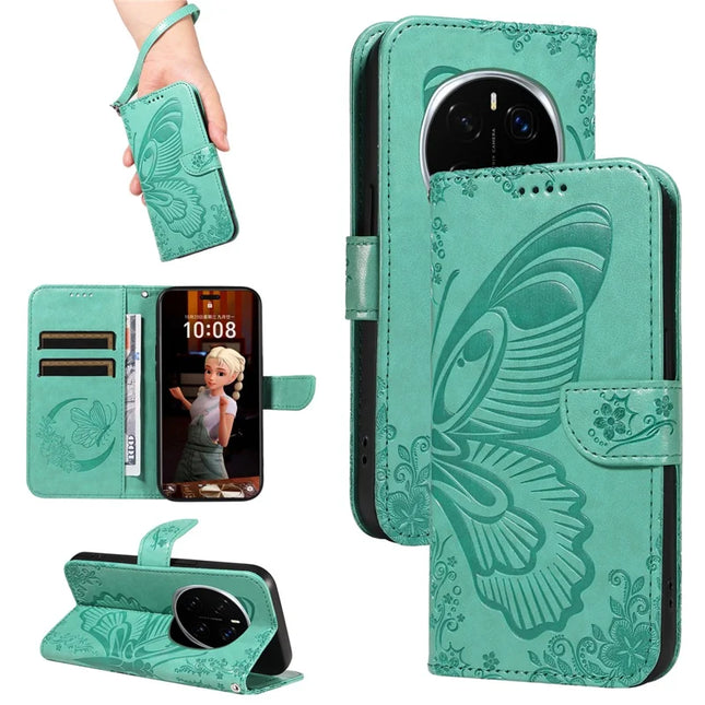 For Honor Magic7 Pro 5G Case Butterfly Pattern PU Leather Folio Flip Phone Cover -  Green