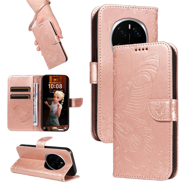 For Honor Magic7 Pro 5G Case Butterfly Pattern PU Leather Folio Flip Phone Cover -  Rose Gold