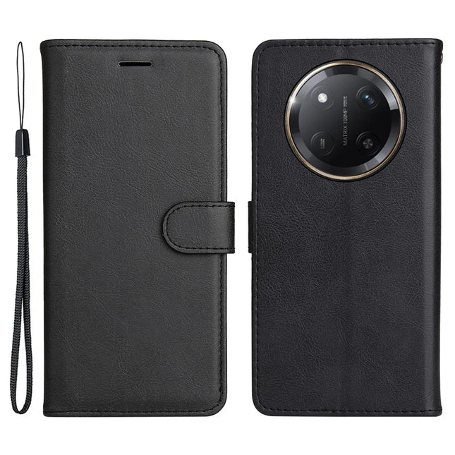 For Honor X60 Pro 5G / Magic7 Lite 5G / X9c 5G Case Solid Color Leather Mobile Cover Wallet Stand with Strap - Black