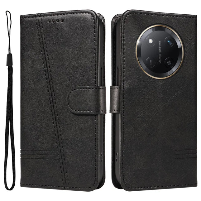 For Honor X60 Pro 5G / Magic7 Lite 5G / X9c 5G Wallet Phone Case T-Shape Lines Leather Cover - Black