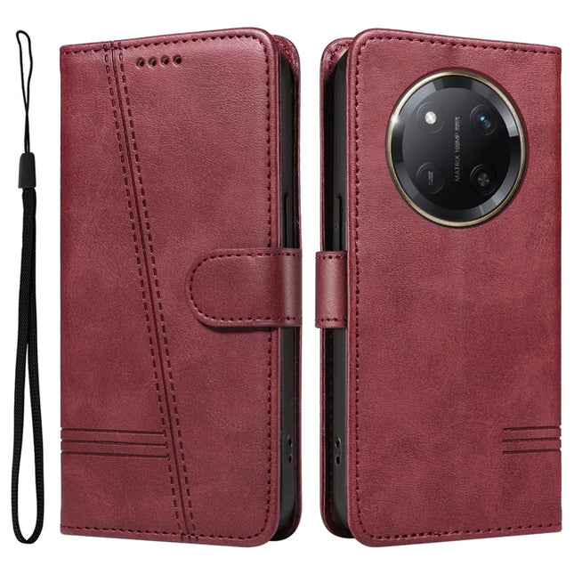 For Honor X60 Pro 5G / Magic7 Lite 5G / X9c 5G Wallet Phone Case T-Shape Lines Leather Cover - Wine Red