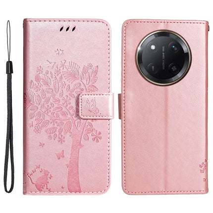 For Honor X60 Pro 5G / Magic7 Lite 5G / X9c 5G Case Cat Tree Pattern Flip Leather Phone Cover - Rose Gold